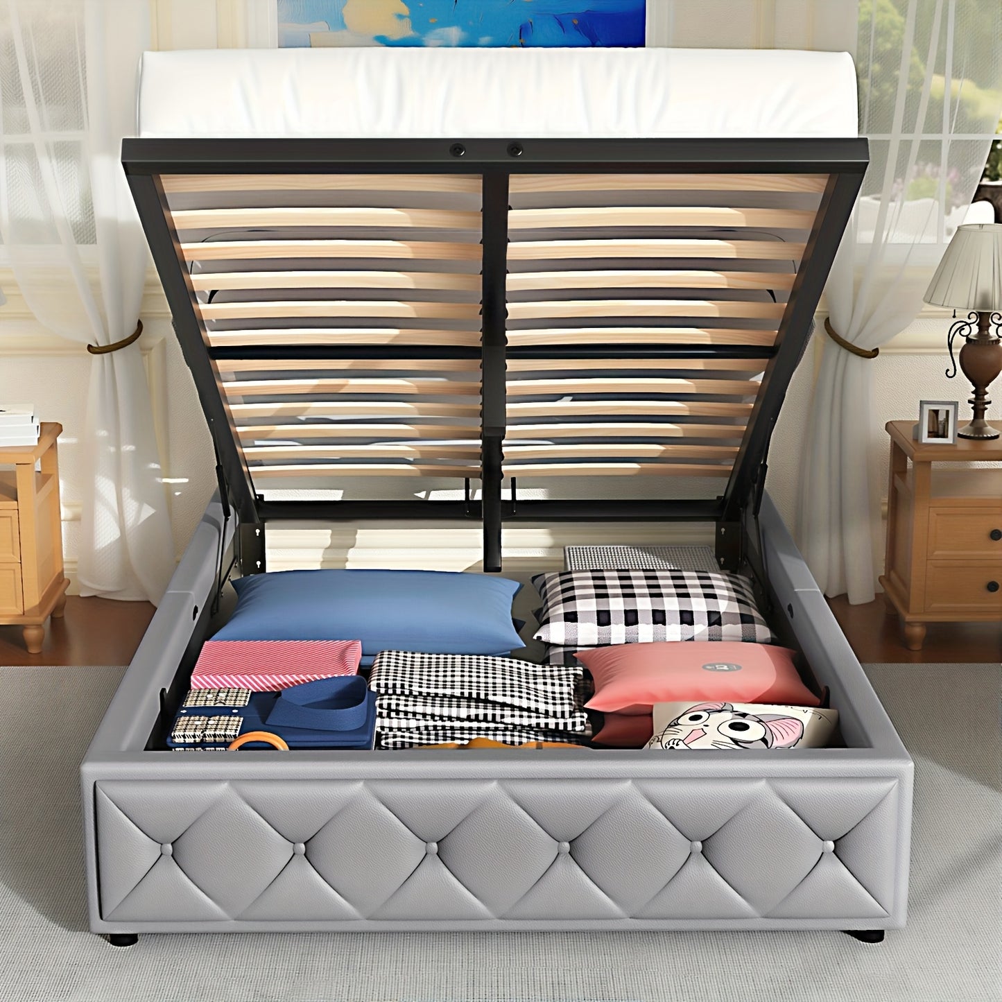 Bed – Slaapbed – Opbergbed – Stofvrij Bed – Gestoffeerd Bed – 140x200 cm – Gaslift Opbergruimte – Lichtgrijs Synthetisch Leer