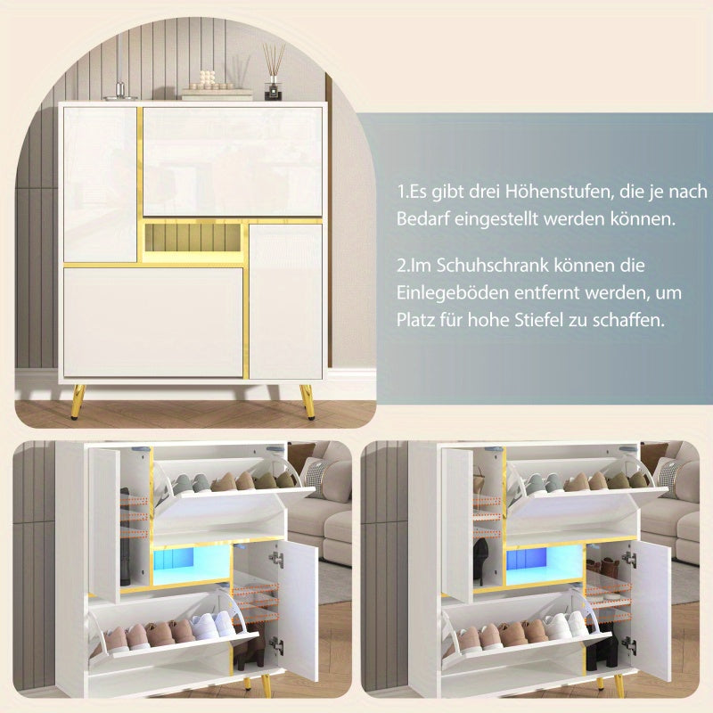 Schoenenkast – Schoenenrek – Schoenenopberger – Schoenenmeubel – Schoenenbank – Hoogglans Front – 16-Kleuren LED Verlichting – 80x25x96 cm – Draagkracht 4 kg – Gouden Metalen Frame – Ruimtebesparend Design