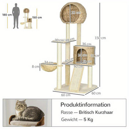 Scratch tree, with cat house, multiple platforms, hammock, scratching mat, tipping protection, beige, 60 x 60 x 150cm, Pet Scratching Post, Indoor Cat Tree, Multilevel Platforms, Cozy Cat House, Scratchresistant Material, Hig