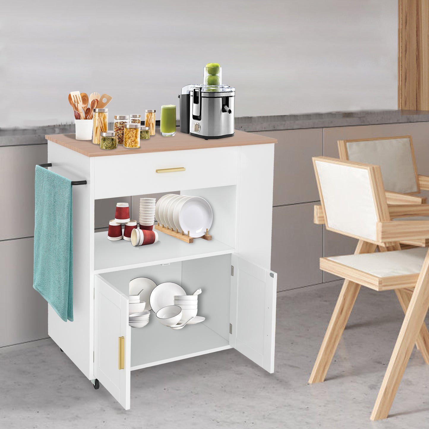 Keukentrolley – Keukenwagen – Serveertrolley – Opbergwagen – Werkbladtrolley – Mobiel Met Wielen – Afsluitbare Opbergruimte – Compact 93x75x46 cm