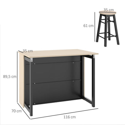 Bardes – Barset – Bartafel – Barkrukken – Opbergmeubel – Inklapbaar Tafelblad – 2 Comfortabele Barkrukken – 6 Handige Opbergvakken