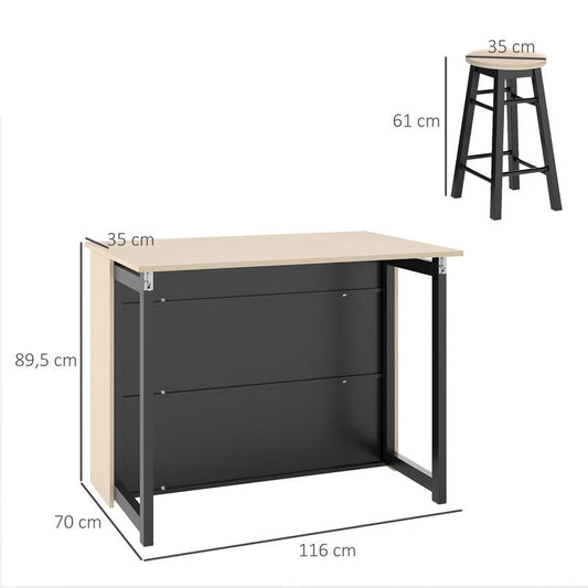 Bardes – Barset – Bartafel – Barkrukken – Opbergmeubel – Inklapbaar Tafelblad – 2 Comfortabele Barkrukken – 6 Handige Opbergvakken