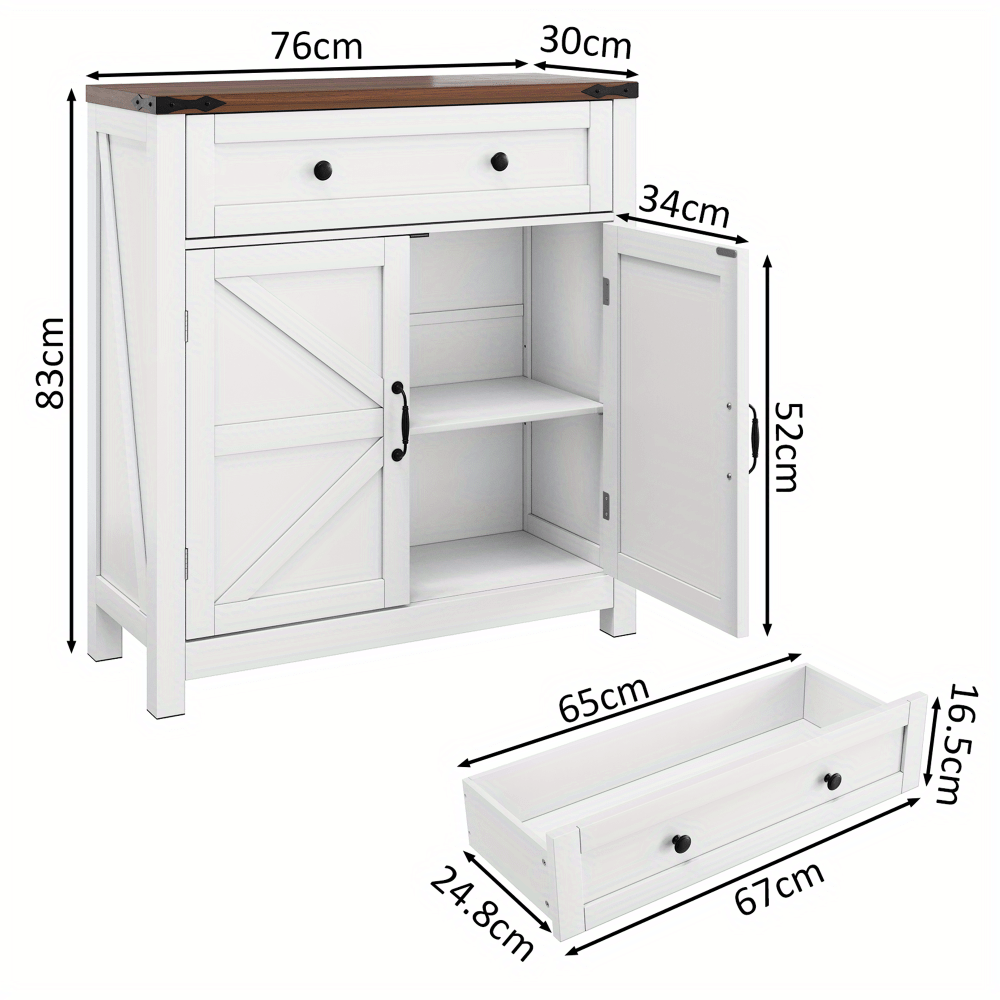 Cabinets with drawers and adjustable shelves, white kitchen cabinets with walnut countertops, modern coffee bar-style storage cabinets, suitable for kitchens, dining rooms, bathrooms and entrance areas.