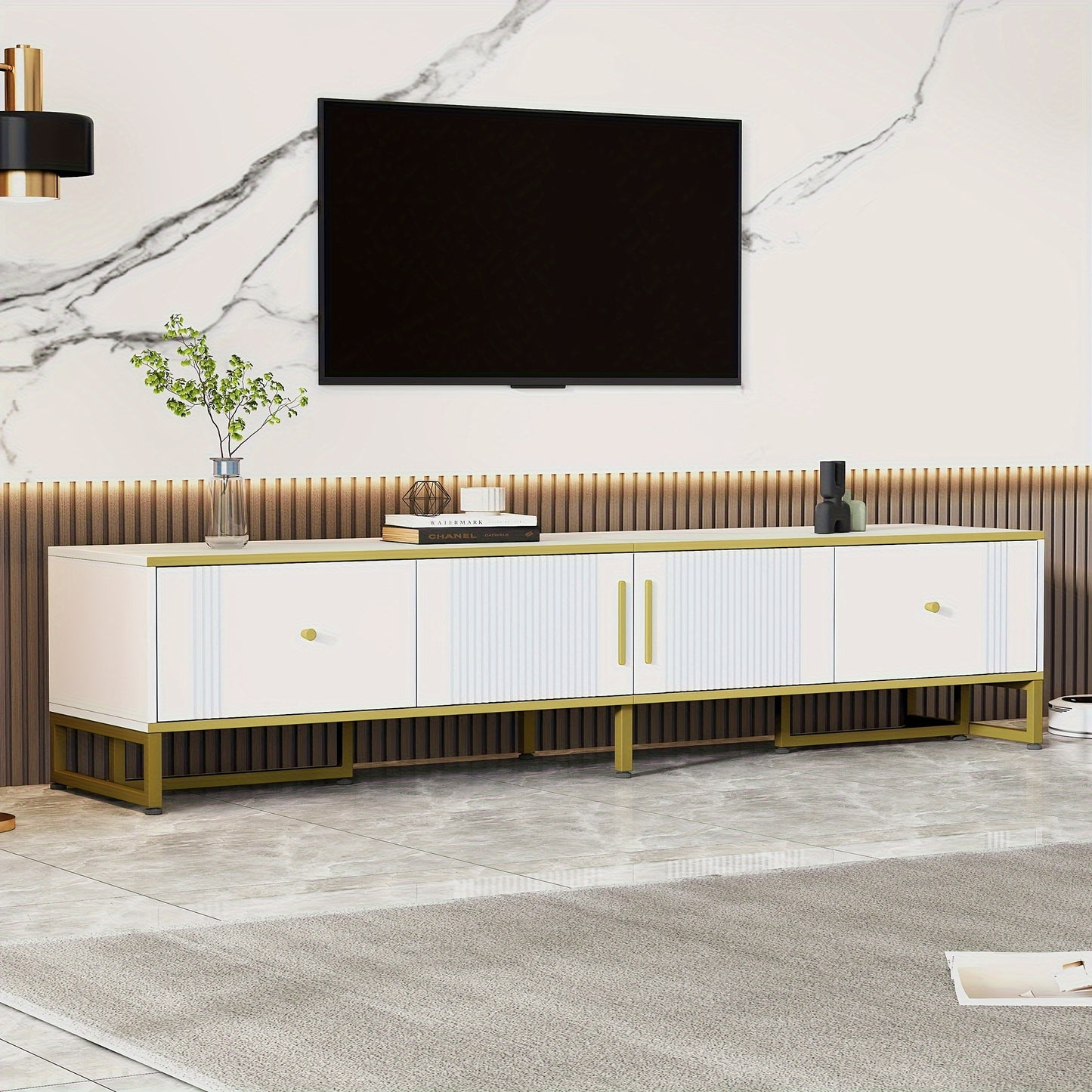 TV Meubel – TV Kast – TV Dressoir – TV Meubels – Media Meubel – Wit Met Gouden Rand – 180x40x40 cm – Verstelbare Poten & Kabeldoorvoer