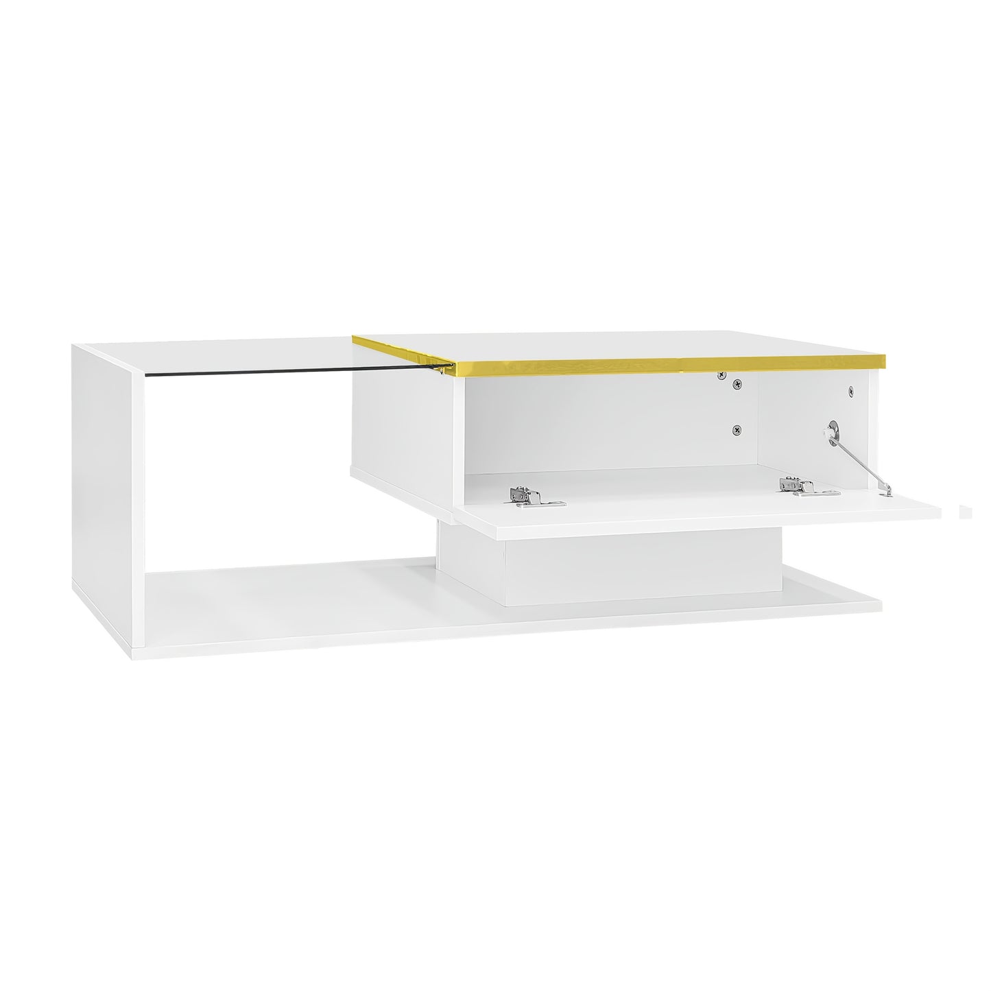 Contemporary 90cm Long High-Gloss White Coffee Table with Glass Top - Sturdy Metal Frame, Side Table & Coffee Table in One, No Assembly Required, Perfect for Living Room or Office, Coffee Table Decor, Versatile Furniture, Min