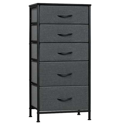 Ladenkast - Dressoir Kasten - Ladekast met 5 Stoffen Lades - Vintage Houtlook – Stabiele Opbergkast - Metaal Frame – Voor Slaapkamer - Woonkamer - Hal - 45.5x95.5 x30cm - Donkergrijs - QUORE