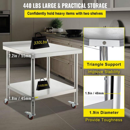 RVS Werkbank – Roestvrijstalen Werktafel – Keukenwerkbank – Professionele Werkbank – Mobiele Werkbank – 199,58 kg Draagvermogen – Verstelbare Onderplank & Backsplash