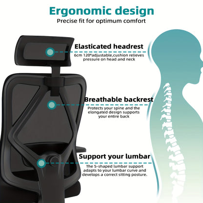 Bureaustoel – Office Chair – Gamestoel – Draaistoel – Bureaustoelen Voor Volwassenen – Ergonomisch Design – Verstelbare Lendensteun & Hoofdsteun – Roestvrij Stalen Frame – Kantelfunctie 135° – Geschikt Voor Harde Vloer
