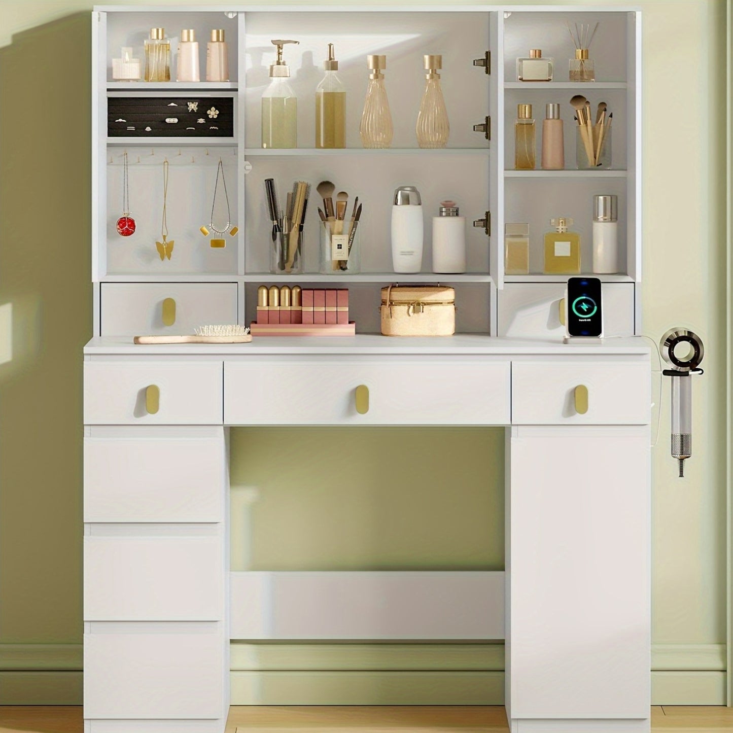 Make-uptafel – Kaptafel – Schminktisch – Make-up Bureau – Wit – LED Verlichting Met Driedelige Spiegel – 8 Laden & Opbergruimte