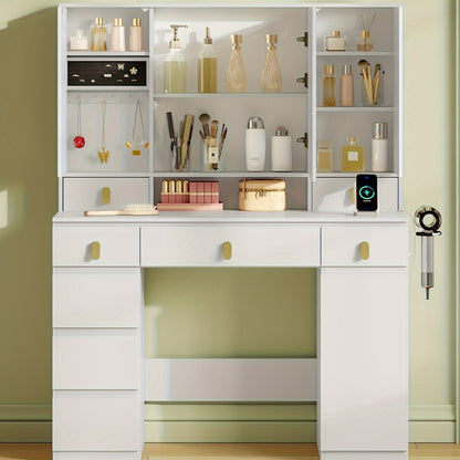 Make-uptafel – Kaptafel – Schminktisch – Make-up Bureau – Wit – LED Verlichting Met Driedelige Spiegel – 8 Laden & Opbergruimte