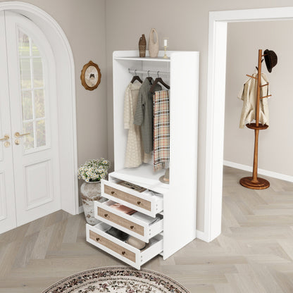 Kast – Opbergkast – Ladekast – Dressoir – Garderobekast – Wit Spaanplaat – Boho Design – 180 cm Hoog – 3 Laden Met Opbergruimte