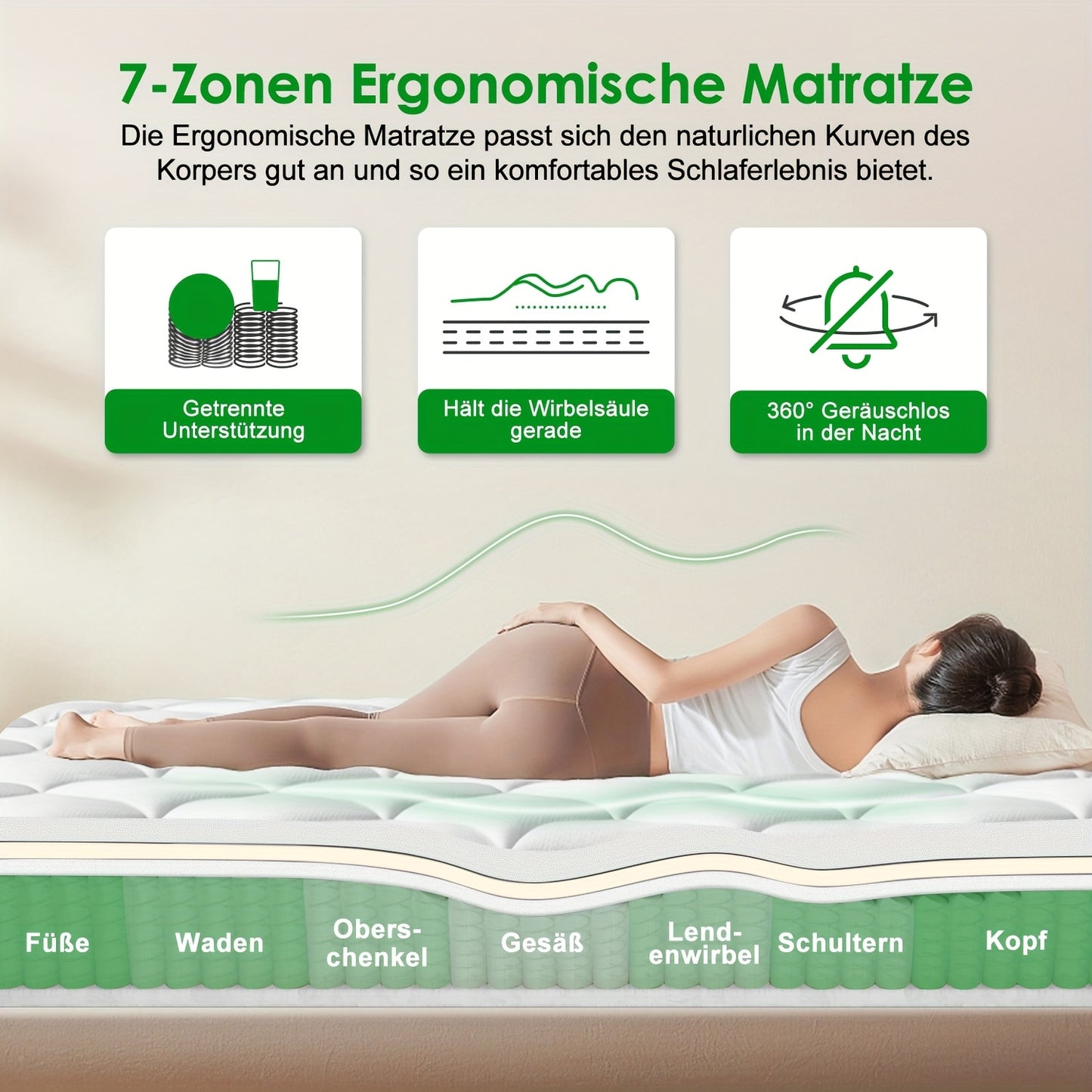 Kaluote 140x200 Cm Comfort Spring Mattress, 25cm H3 Firmness, Breathable, With Pocketed Springs For Even Support
