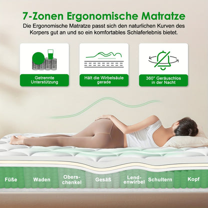 Kaluote 140x200 Cm Comfort Spring Mattress, 25cm H3 Firmness, Breathable, With Pocketed Springs For Even Support