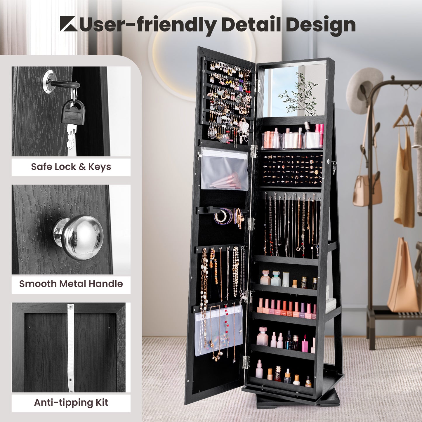 Sieradenkast – Sieradendoos – Accessoirekast – Spiegelkast – Staande spiegelkast – 360° Draaibare Basis – Slot Met Veilige Opbergruimte – Zwarte MDF Afwerking – 155 cm Spiegelhoogte