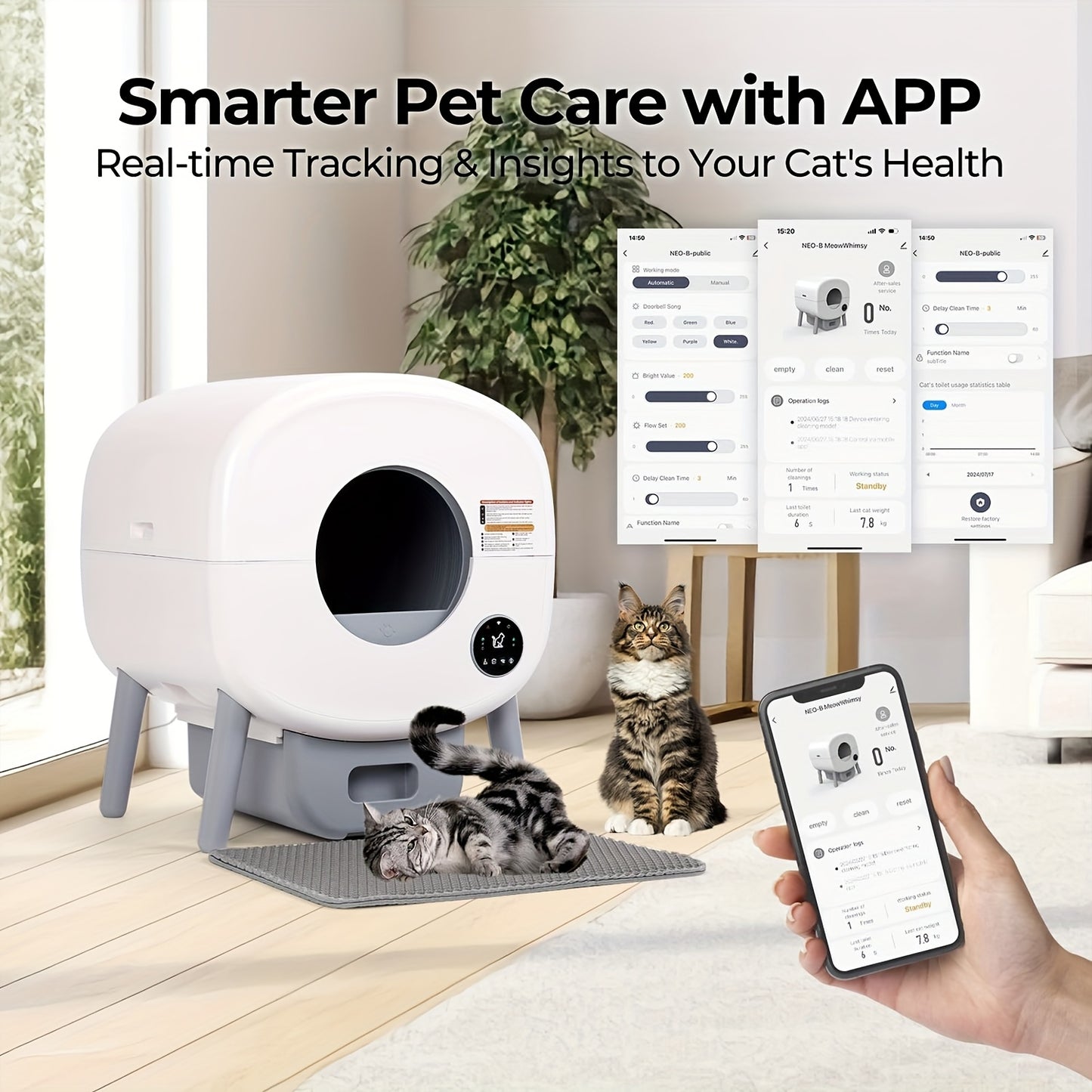 Zelfreinigende Kattenbak – Automatische Kattenbak – Grote Kattenbak – Elektrische Kattenbak – Kattenbak met App – Extra Grote Capaciteit – Veiligheidsfunctie – Inclusief 2 Rollen Afvalzakken