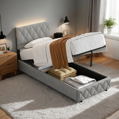 Opbergbed – Opbergbox – Bedframe – Slaapbed – Stapelbed – 140x190 cm Beige – Hydraulische Lift – Gestoffeerd Hoofdbord