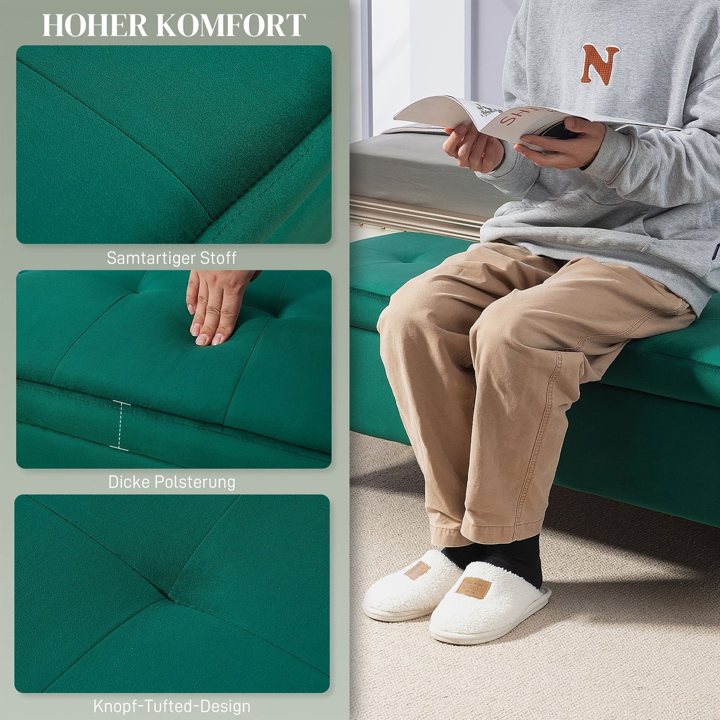Poef – Zitzak – Voetenbankje – Kruk – Bankje – Opbergruimte – Fluwelen Bekleding – 120x44x44,5 cm – Metalen Poten – Groen