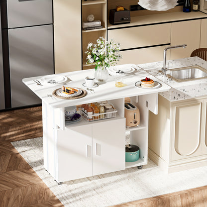 White & Wood Tone Mobile Folding Dining Table with Locking Wheels, Expandable Tabletop, Cabinet Doors & Open Shelving - Heavy-Duty Foldable Desk for Small Spaces, Space-Saving Multifunctional Furniture (Particle Board/Chipboa