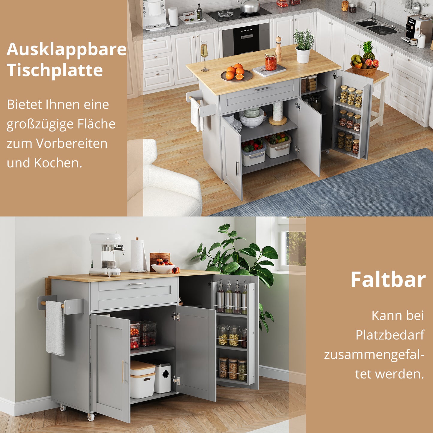 Keukenwagen – Keukenkar – Servierwagen – Mobiele Keukentrolley – Keukenmeubel – Uitklapbaar Werkblad – 5 Wielen Met Rem – Grijs Met Eikenlook
