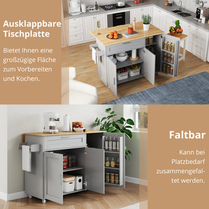 Keukenwagen – Keukenkar – Servierwagen – Mobiele Keukentrolley – Keukenmeubel – Uitklapbaar Werkblad – 5 Wielen Met Rem – Grijs Met Eikenlook