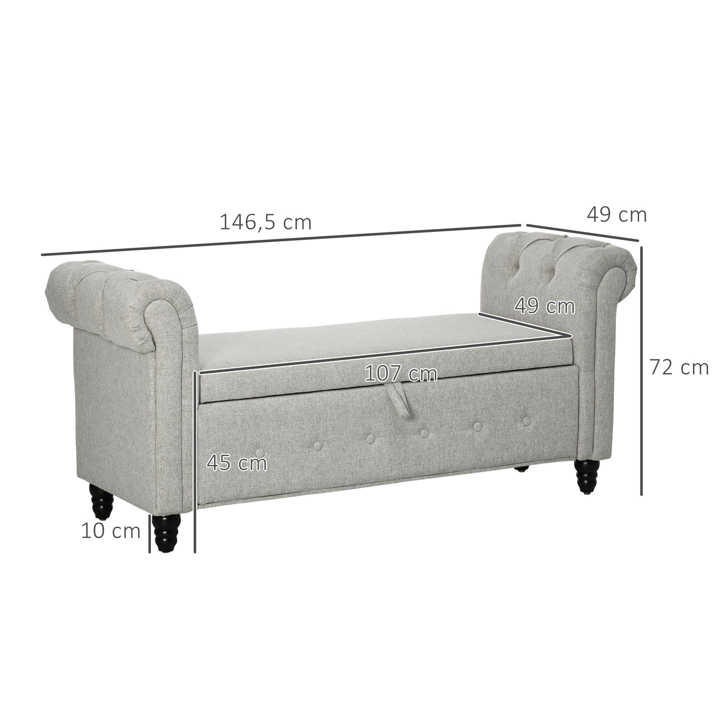 Opbergbank – Zitsbank – Bergbank – Opbergmeubel – Bank met Opbergruimte – Linnenlook Bekleding – Comfortabel 9 cm Zitting – Stevige Houten Poten – Grijs
