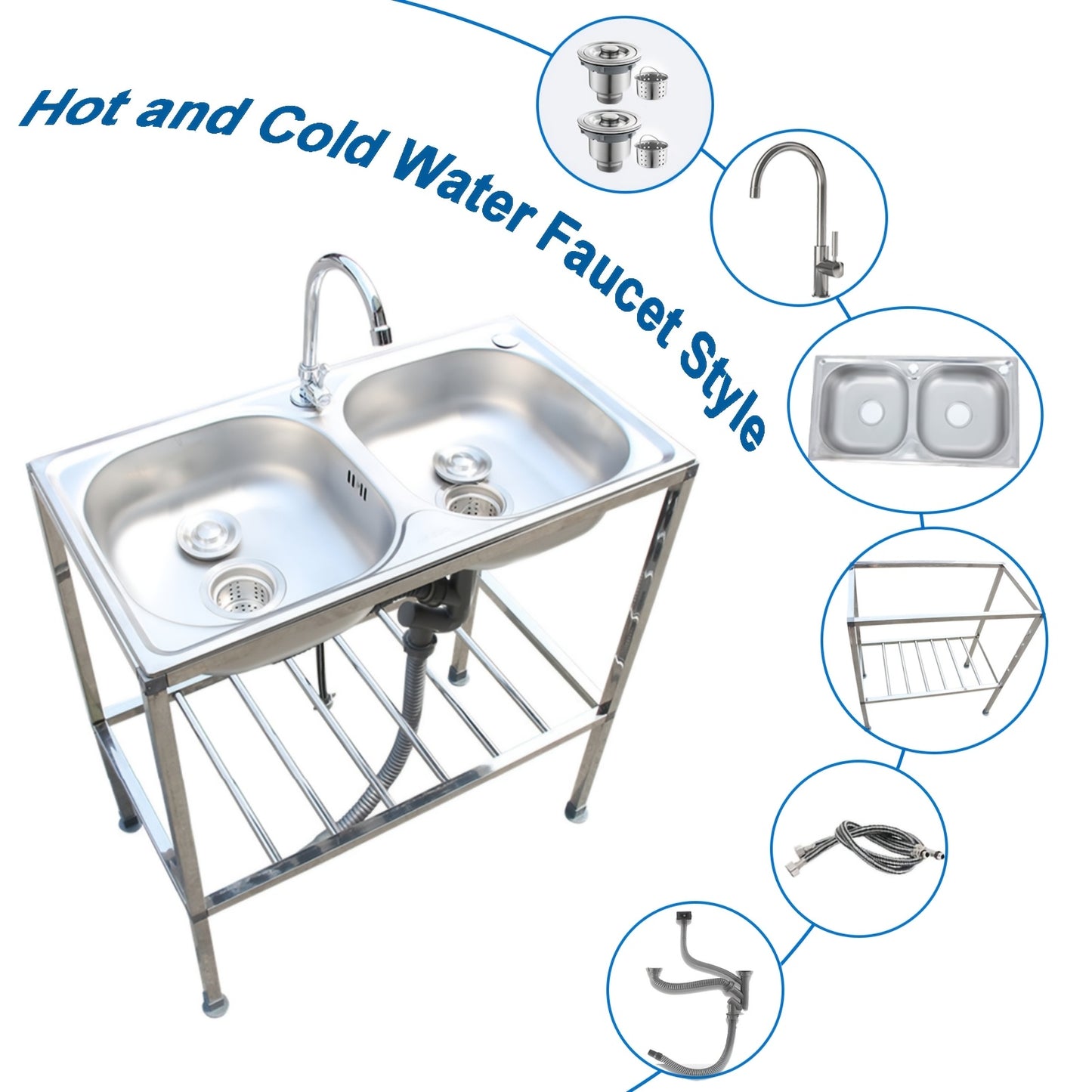 SIZE:75x40x83cm Freestanding Sink, 2 Basins, Bathroom Basin, Lavatory Sink With Hot And Cold Water Taps, Suitable For Kitchen, Outdoors, Camping, Garden, Garage