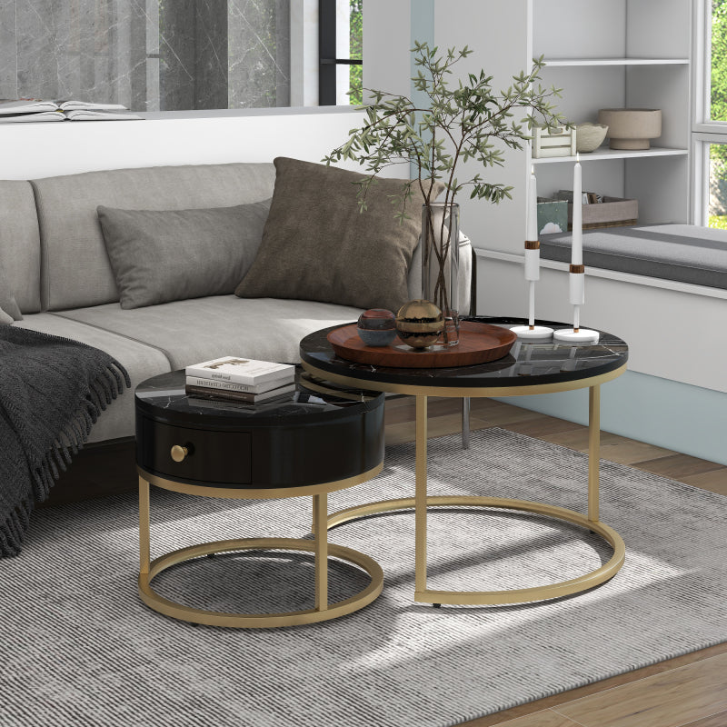 Ronde Bijzettafels – Salontafel – Side Table – Nesting Tafels – Koffietafel – Hoogglans Marmerprint – Nestingssysteem voor Ruimtebesparing – MDF Metalen Frame Zwart