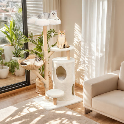 Kattenkrabpaal – Krabmeubel – Kattenboom – Krabtoren – Kattenhuis – 142 cm Hoog – Stevig Hout En Soft-Touch Textiel