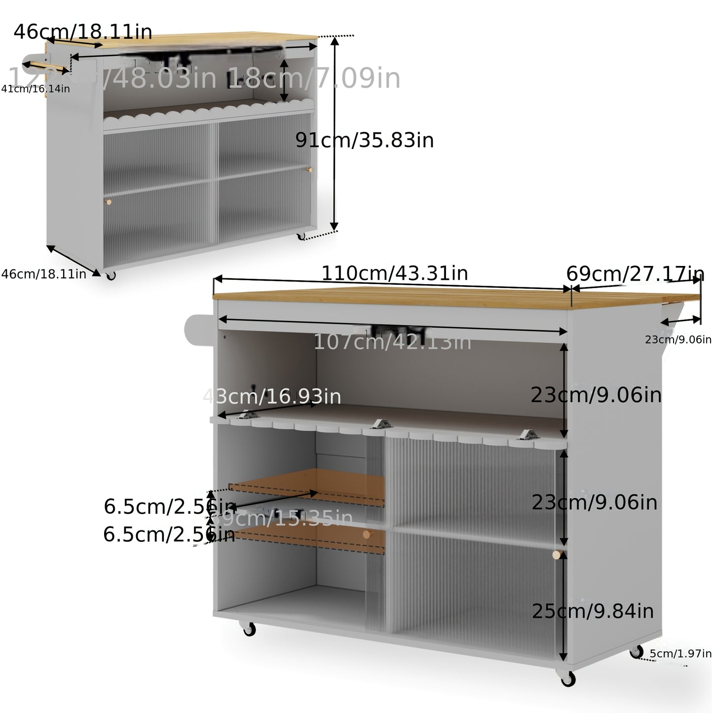 Keukeneiland – Keukentrolley – Buffetkast – Sideboard – Opbergkast – Grijs – Schuifdeur en Mobiel op Wieltjes – Ruime Opbergruimte met Open Vakken