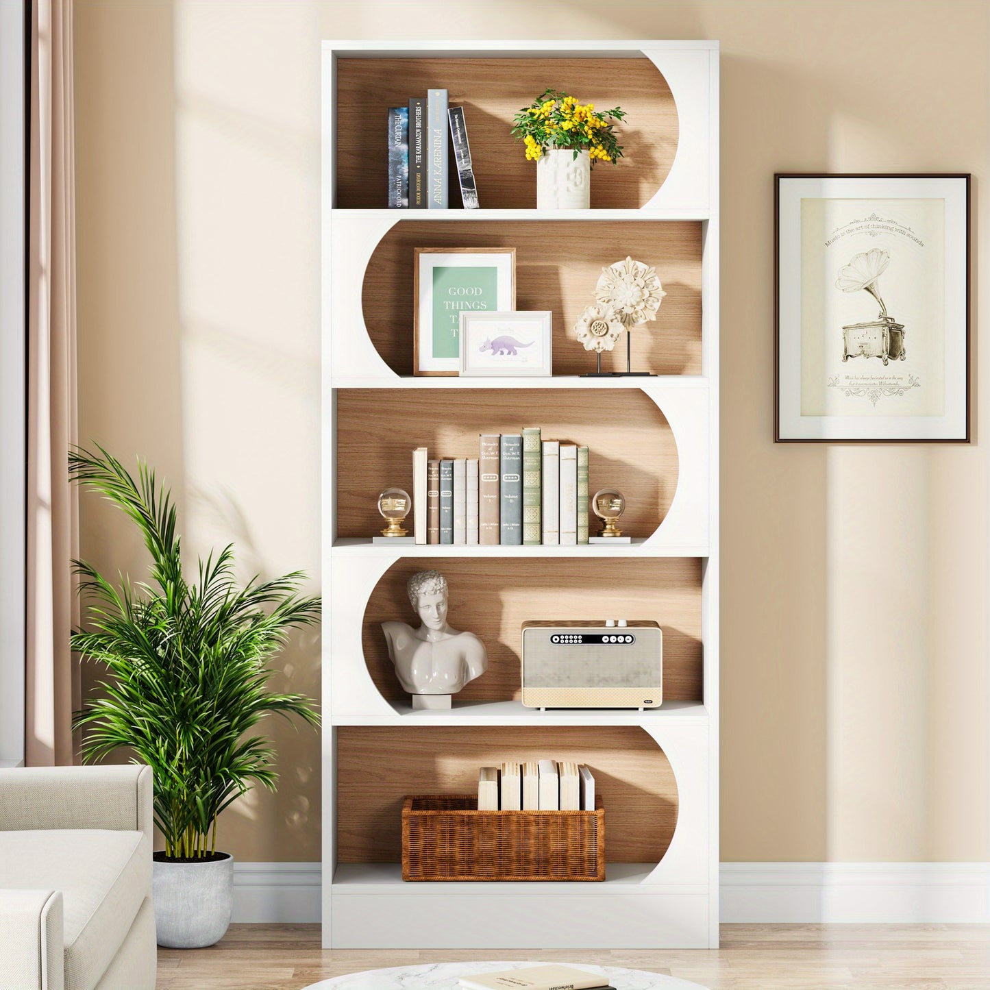Boekenkast – Boekenrek – Opbergkast – Vakkenkast – Stellingkast – 6-Laags Wit – 180 cm Hoog – Stevig Spaanplaat – Vrijstaand Met Boogvormige Planken