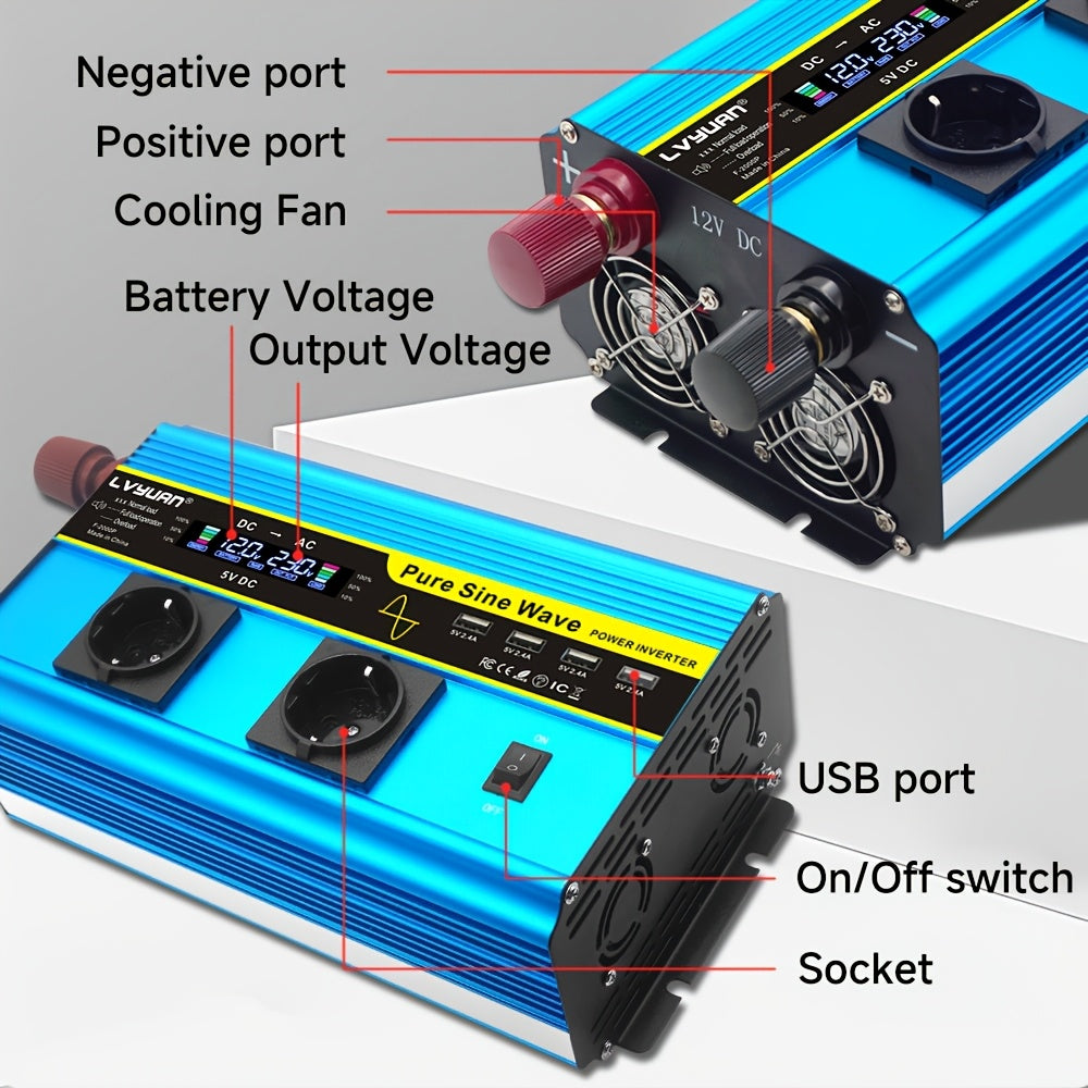 Spanningsomzetter 24V naar 230V – Omvormer – Inverter – DC naar AC Converter – Zuivere Sinusgolf – 2000W Continuvermogen – Draadloze Afstandsbediening & LCD-Display