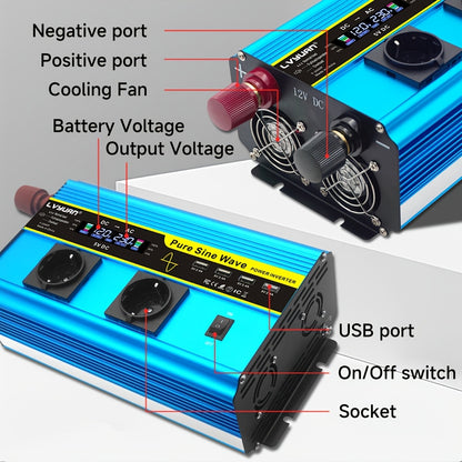 Power Inverter – Omvormer – Spanningsomvormer – DC naar AC Converter – Zuivere Sinusgolf – 2000W Nominaal – 4000W Piekvermogen – LCD Display & Draadloze Afstandsbediening