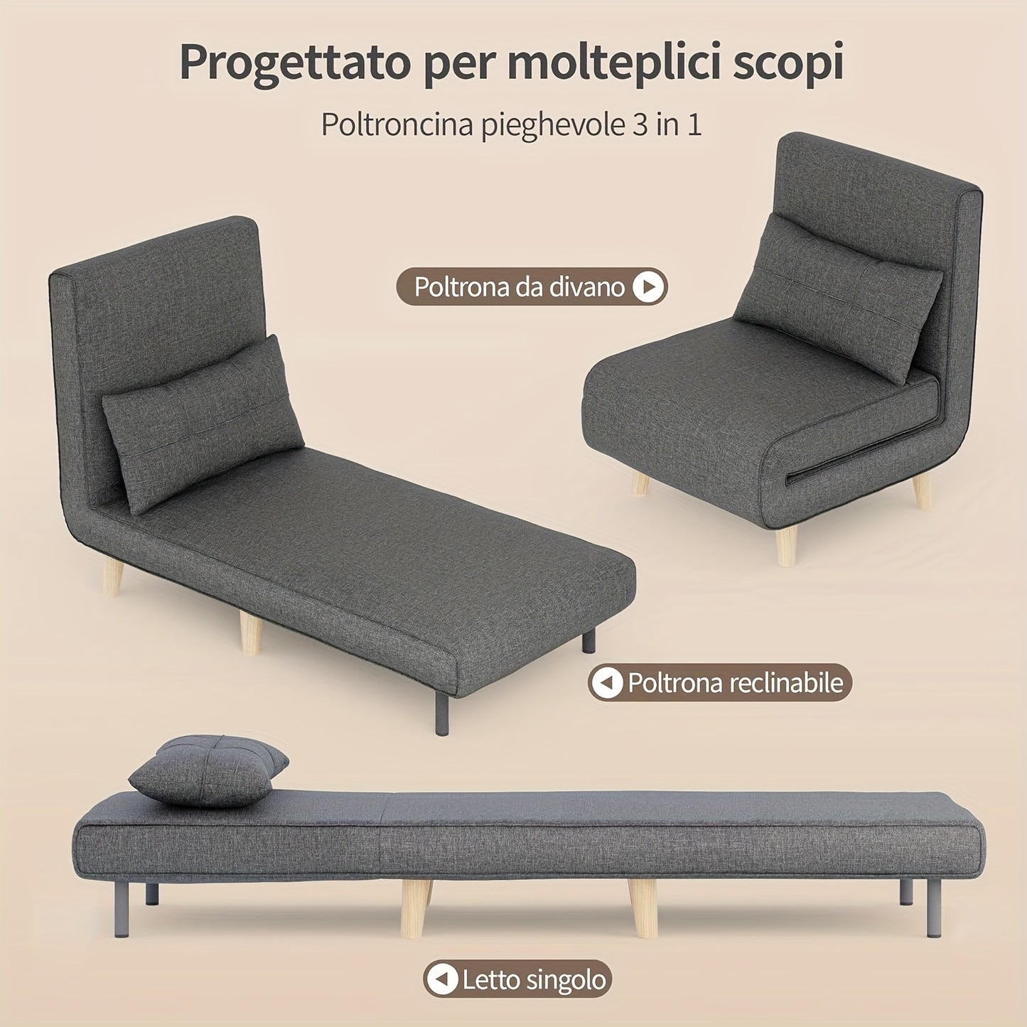 Slaapbank – Bedbank – Relaxfauteuil – Slaapstoel – Logeerbed – 3-in-1 Multifunctioneel – Verstelbare Rugleuning – Donkergrijs Met Kussens