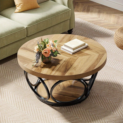 Ronde Salontafel – Ronde Tafel – Houten Tafel – Woonkamertafel – Farmhouse Tafel – 80 cm Diameter – 2-Tier Opbergruimte – E1 MDF Metalen Frame
