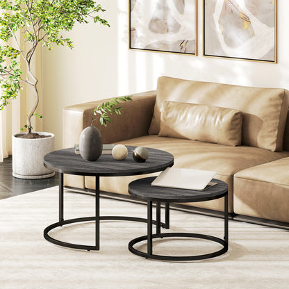 Bijzettafel – Salontafel – Sidetable – Nachtkastje – Banktafel – Set van 2 Ronde Tafels – Marmerlook MDF Blad – Zwart Metalen Frame