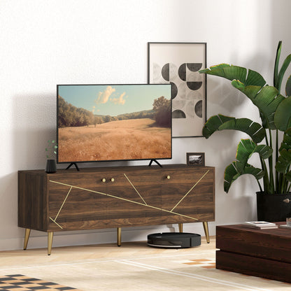 TV-Meubel – TV-Kast – Televisiekast – Mediameubel – TV-Standaard – Geschikt voor televisies tot 60 inch – Verstelbare planken met kabelbeheer – Modern bruin hout met goudkleurige stalen poten