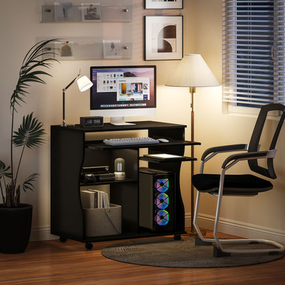 Computerbureau – Bureau Met Wieltjes – Mobiel Bureau – Werktafel – Laptoptafel – Zwart – Compact Formaat 80x48x75 cm – Ingebouwde Opbergruimte