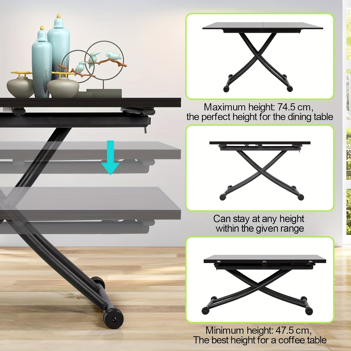Verstelbare Eettafel – Multifunctionele Tafel – Koffietafel – Werkplek – Bijzettafel – Zwart Notenhout – Stabiel Metalen Frame – Hoogte Verstelbaar