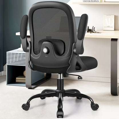 KERDOM Ergonomic Office Chair with Adjustable Height, 3D Lumbar Support & Breathable Mesh Back - Heavy-Duty Metal Frame, 360° Swivel Rolling Desk Chair with Flip-Up Armrests, Space-Saving Mid-Back Computer Chair for Home & O