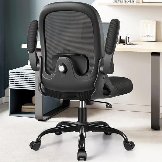 KERDOM Ergonomic Office Chair with Adjustable Height, 3D Lumbar Support & Breathable Mesh Back - Heavy-Duty Metal Frame, 360° Swivel Rolling Desk Chair with Flip-Up Armrests, Space-Saving Mid-Back Computer Chair for Home & O