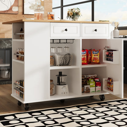 White Mobile Kitchen Island Cart with Removable Shelves, Worktop & Towel Rack - Heavy-Duty Metal Frame on Wheels, White Mobile with Wine Glass Holder, Snack Rack & Lower Cabinets for Small Spaces, Easy Assembly (No Wood)