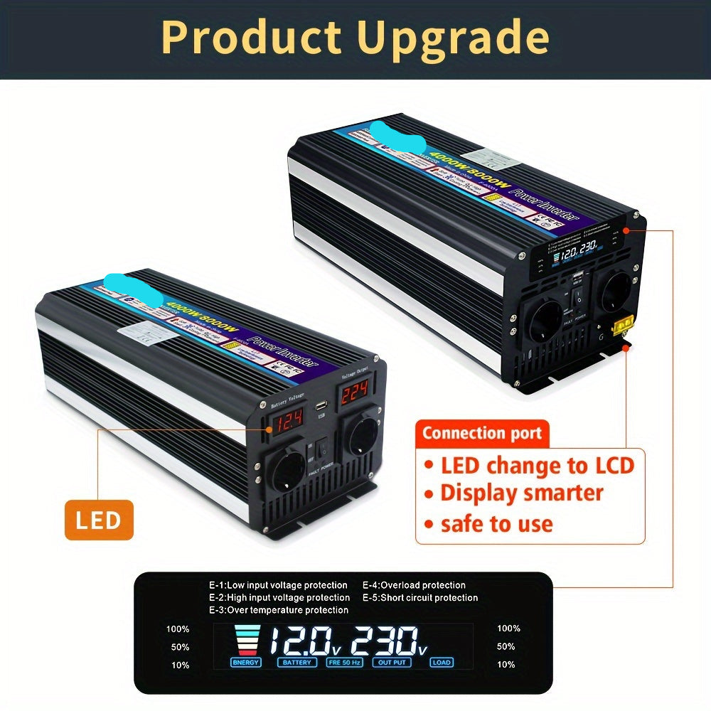 Spanningsomvormer – Omvormer – Stroomomzetter – 12V Naar 230V – 4000W Continu Vermogen – USB Poort – LED Display