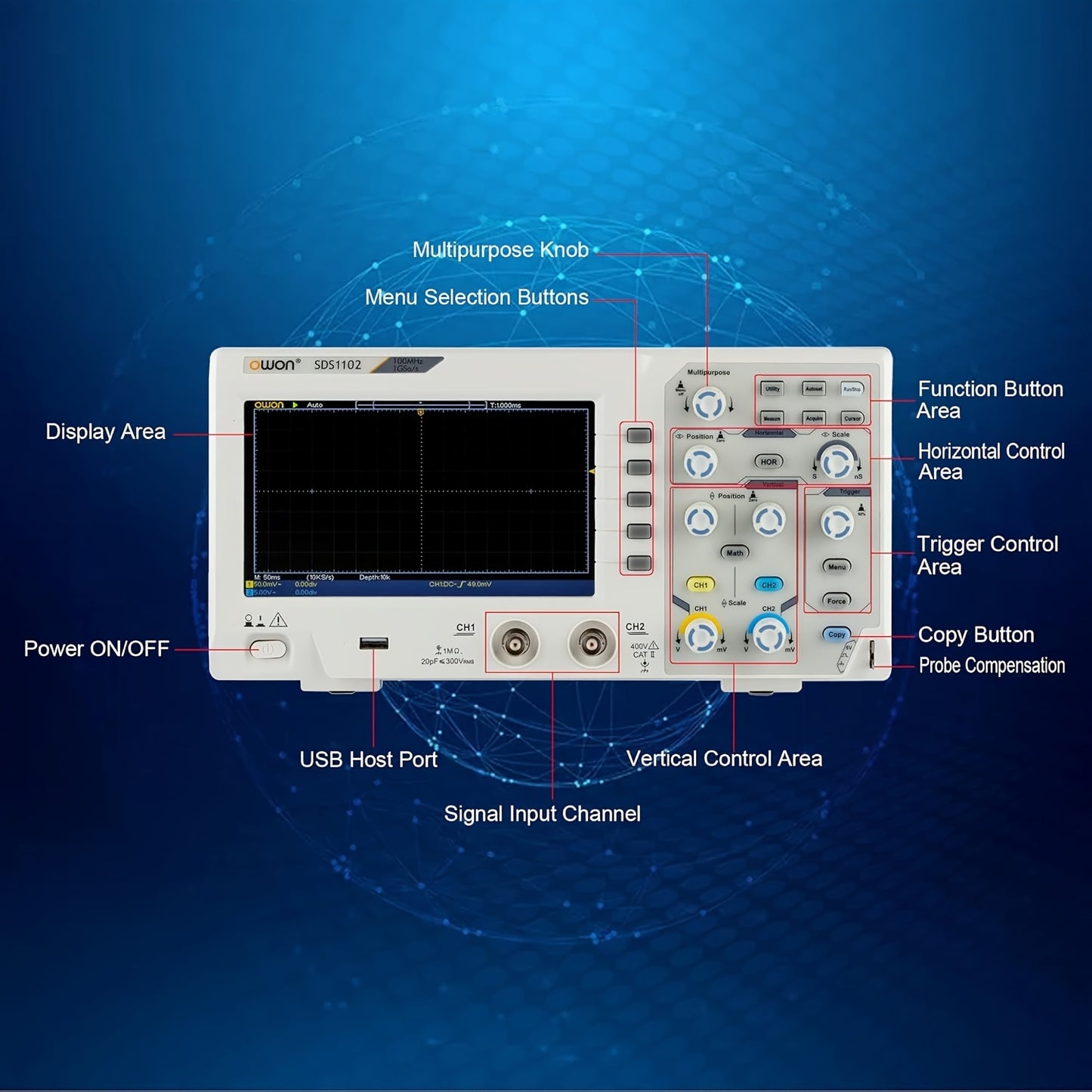 Digitale Oscilloscoop SDS1102 – Oscilloscoop – Signaal Analyzer – Meetinstrument – Elektronische Tester – 7" LCD Scherm – 100MHz Bandbreedte