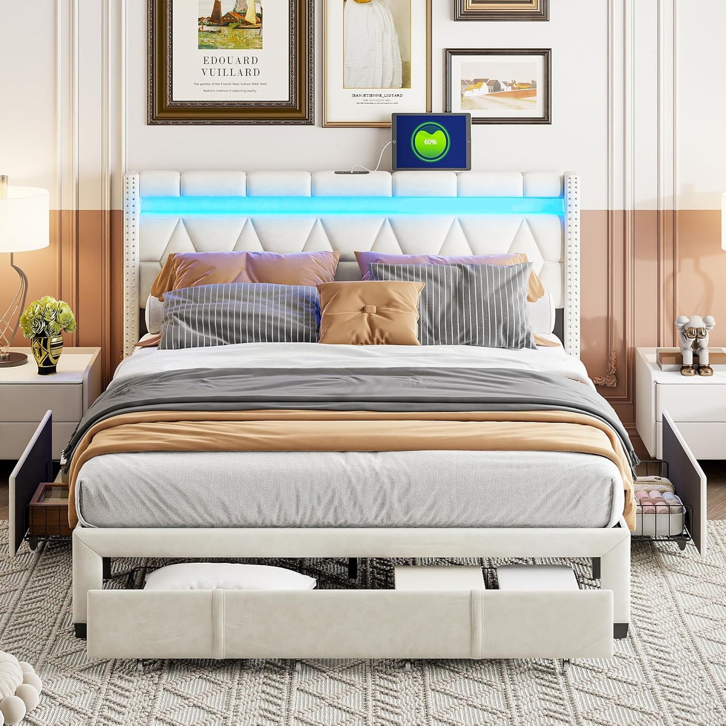 Upholstered Bed – Tweepersoonsbed – Bed Frame – Bed Met Opberglades – Luxe Bed – 140x200 cm – LED Verlichting – USB Opladen