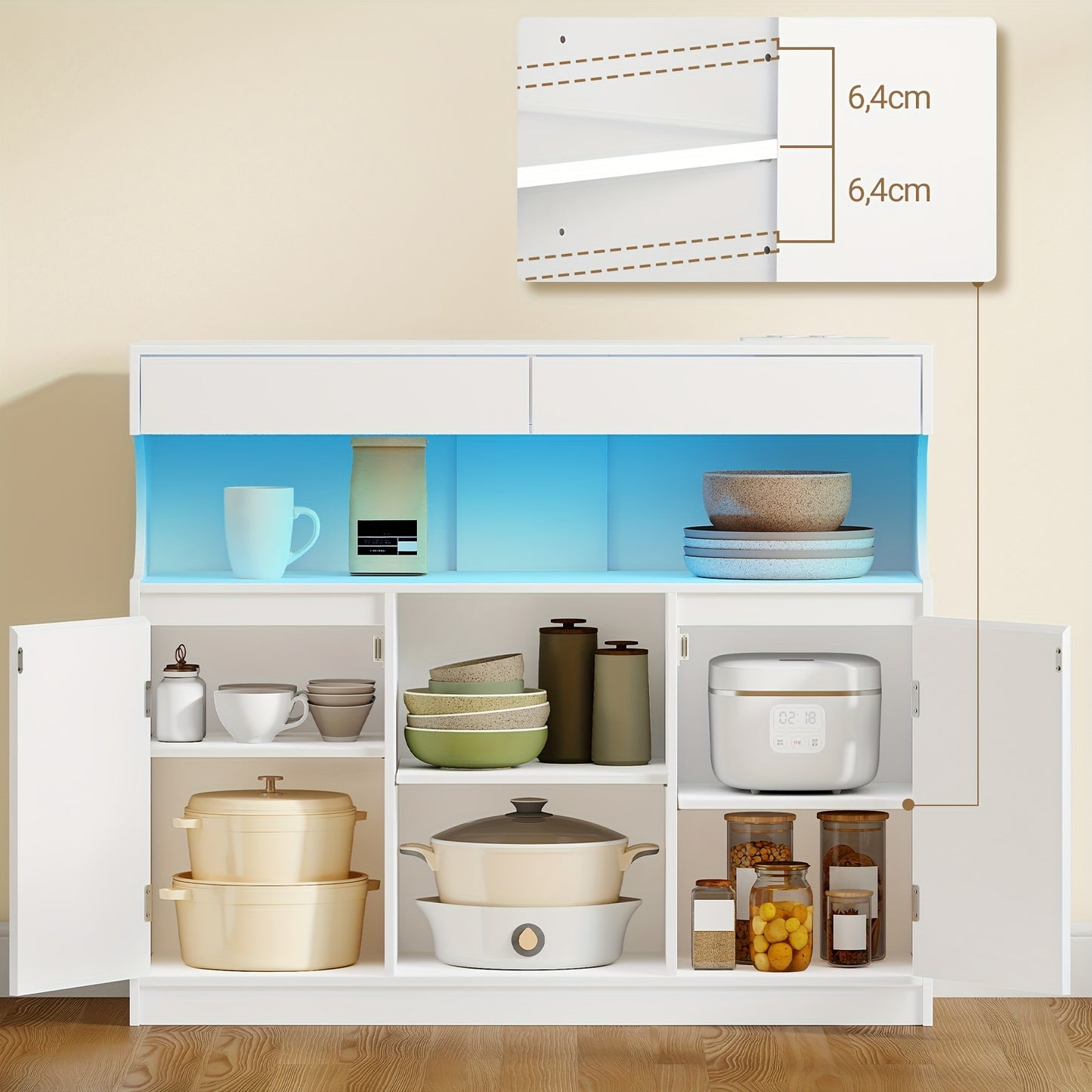 Dressoir – Sideboard – Buffetkast – Opbergkast – Keukenkast – Met Ingebouwde Stekkerdoos – LED-verlichting – 2 Laden – 2 Deuren – Verstelbare Planken – Wit – 30x100x85 cm