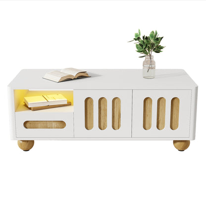 Salontafel – Koffietafel – Woonkamertafel – Bijzettafel – Tafel – Wit Houtlook – 105x50x40 cm – Met 4 Deuren en 2 Lades – Afgeronde Hoeken en Bolvormige Poten