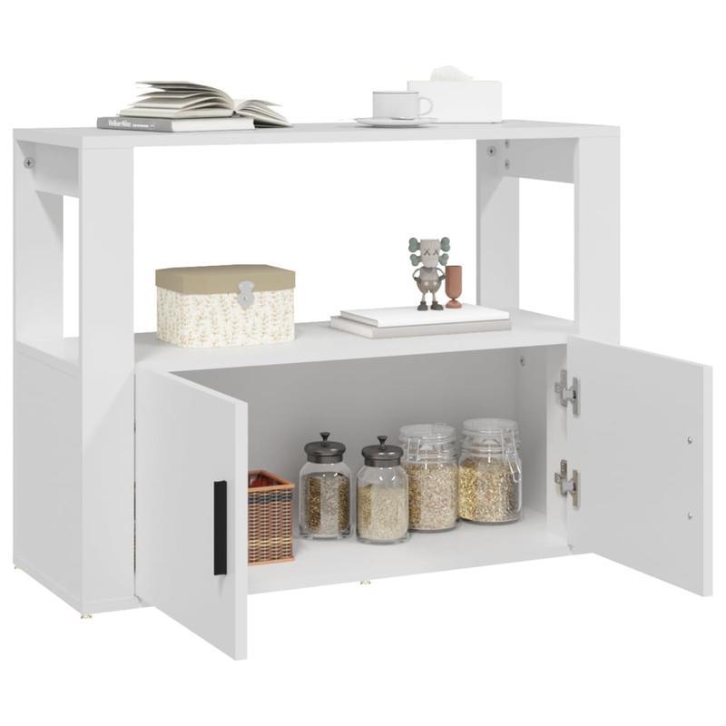 Modern White Sideboard with Glass Display Shelves & Removable Storage Basket - 80x30x60cm, Hardwood Furniture for Living Room, Bedroom, Office - Minimalist Design with Open Shelves & Closed Cabinets, Sideboard Cabinet, Bedroo