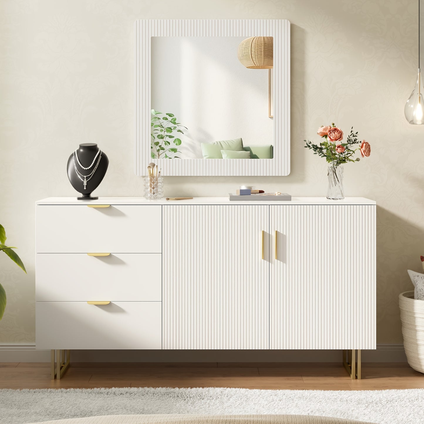 Spiegel en Dressoir Set – Wandspiegel – Kaptafel – Opbergkast – Ladekast – Wit – Gouden Handgrepen – 80x80 cm Spiegel – Bamboe Materiaal