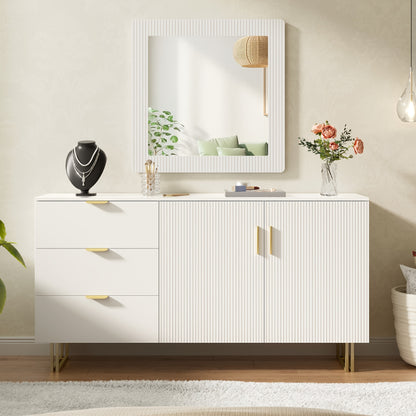 Spiegel en Dressoir Set – Wandspiegel – Kaptafel – Opbergkast – Ladekast – Wit – Gouden Handgrepen – 80x80 cm Spiegel – Bamboe Materiaal