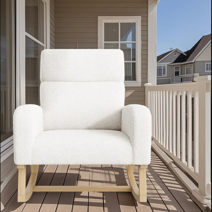 Schommelstoel – Schommelstoel met Wol – Loungestoel – Relaxstoel – Wit – Zachte Schapenwolvulling – Hoge Ergonomische Rugleuning